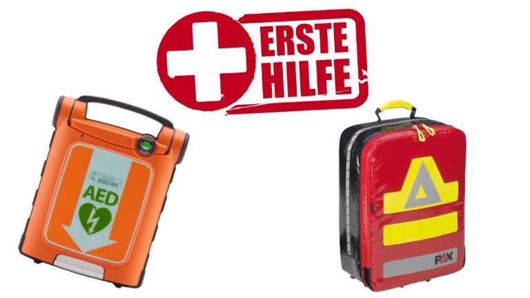 Defibrillator und Erster-Hilfe Rucksack